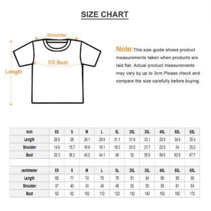 Size guide for T-shirts, hoodies, and hats with measurements in inches and centimeters.