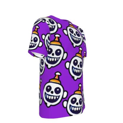 Right side view of Creepboy T-Shirt showing the bold and colorful all-over print graphic on the purple fabric.