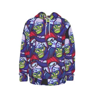 Front view of Insane Monkey Hoodie featuring an all-over print design of Mojo JoJo in a vibrant and chaotic style.