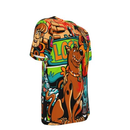Front view of T-shirt featuring a hood-styled stoned Scooby and Shaggy design.
