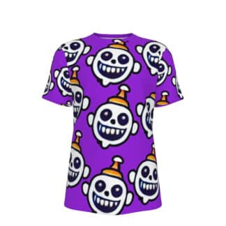 Front view of Creepboy Shirt featuring an all-over print design of a ghost-like boogeyman with bulging teeth, a menacing smile, and a quirky hat on a vibrant purple base.