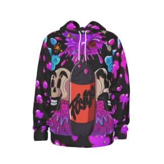 Front view of Faygo Rain Hoodie featuring an all-over print of a Faygo bottle spraying soda, surrounded by ICP’s skeleton duo and all six Joker’s Cards.