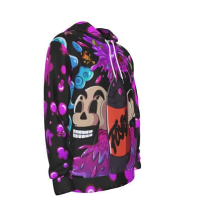 Right side view of Faygo Rain Hoodie showing the bold Faygo spray graphic and overall fit.