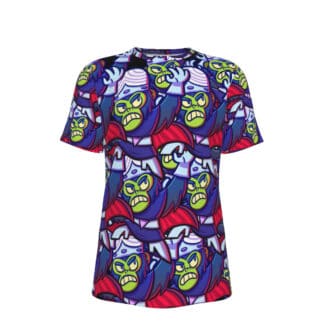 Front view of Insane Monkey T-Shirt featuring an all-over print design of a chaotic monkey in bold and vibrant colors.