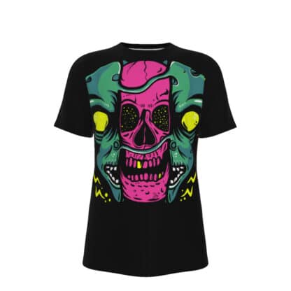 Front view of Reptile Skull T-shirt featuring a reptile with its skin pulled apart to reveal a skeleton with a gold tooth.