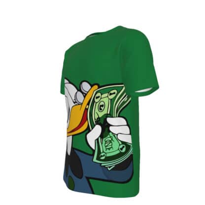 Left side view of World's Richest Duck T-shirt showing the overall fit and cash graphic alignment.