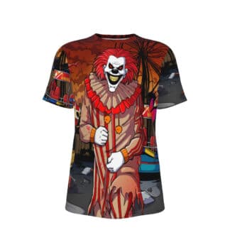 Front view of Dark Carnival T-shirt featuring a clown inside a dilapidated carnival with a tilt-a-whirl, butterfly, and axes on the ground.