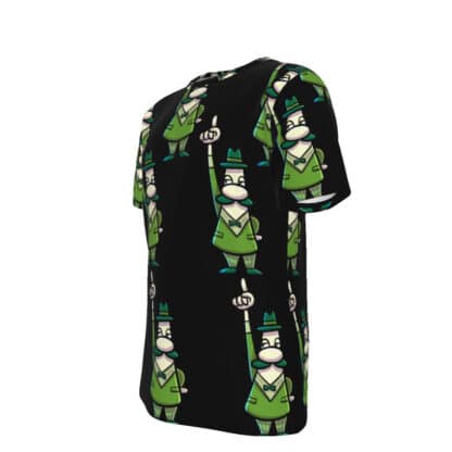 Left side view of Bagalitti All-Over Print Shirt highlighting the playful all-over print design and vibrant green accents.