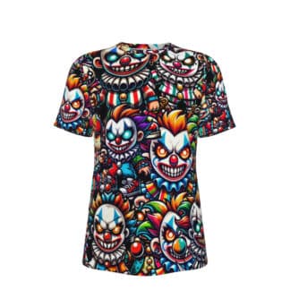 Front view of Little Evil Clowns Shirt featuring a full-coverage all-over print of wicked clown mascots with twisted grins, glowing eyes, and chaotic outfits.