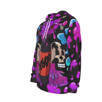 Left side view of Faygo Rain Hoodie highlighting the cascading Faygo droplets and vibrant all-over print design.