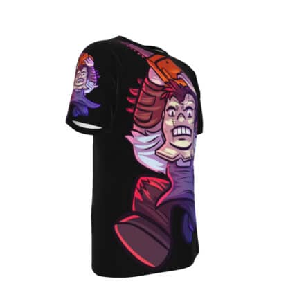 Right side view of Chainsaw T-Shirt showcasing the detailed Leatherface illustration and wrap-around design.