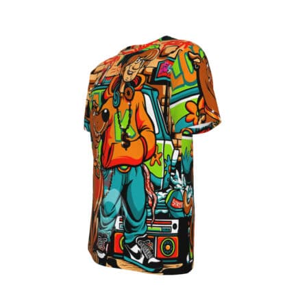 Right side view of T-shirt featuring a hood-styled stoned Scooby and Shaggy design, showcasing the fit and bold graphic placement.