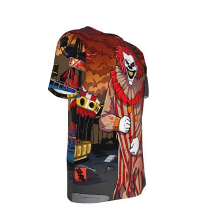 "Right side view of Dark Carnival T-shirt highlighting the detailed carnival scene and fit."