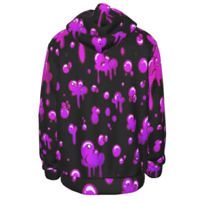 Back view of Faygo Rain Hoodie showcasing the continuation of the Faygo spray design with droplets and Joker’s Cards.