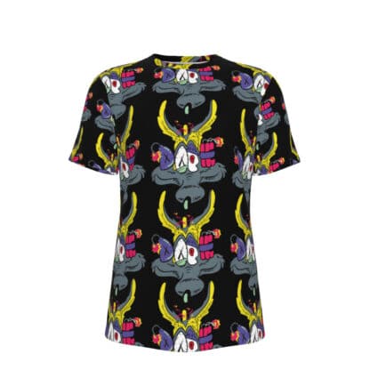 Front view of Coyote Bomb T-Shirt featuring a battered Wile E. Coyote with Acme bombs strapped to his head in a dynamic all-over print design.