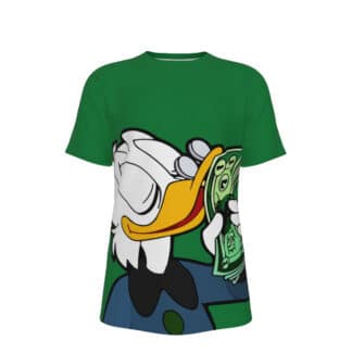 Front view of Duck Money T-Shirt featuring an all-over print design of the world’s richest duck flaunting cash in a bold and vibrant style.