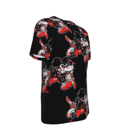 Right side view of Not So Mickey T-Shirt showcasing the bold all-over print design of Ricky Ratt, drenched in blood, gripping two knives with a cigarette in his mouth.