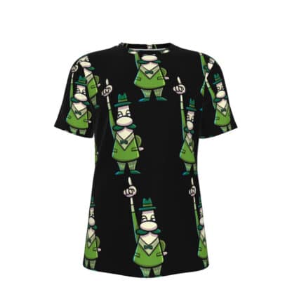 Front view of Bagalitti All-Over Print Shirt featuring a vibrant cartoon of an old Italian man with a mustache, hat, and green outfit pointing his finger in the air.