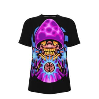 Front view of Mushroom Wizard T-shirt featuring a colorful cartoon of a trippy mushroom wizard with a brain in the center.