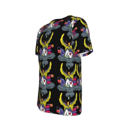 Left side view of Coyote Bomb T-Shirt highlighting the all-over print design and fit.