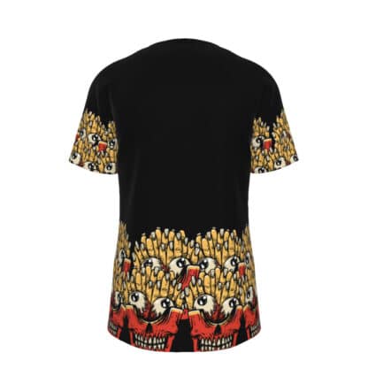 Back view of Killer Fries T-Shirt showcasing the continuation of the bold all-over print design with French fries as fingers and a googly-eyed fry box.