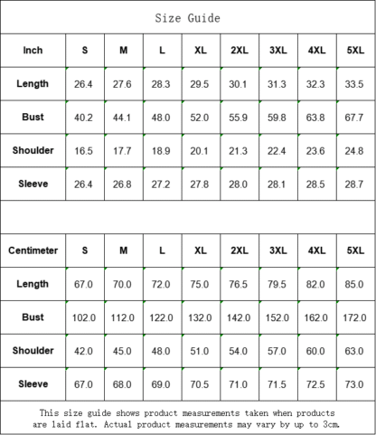 Size guide for T-shirts, hoodies, and hats with measurements in inches and centimeters.