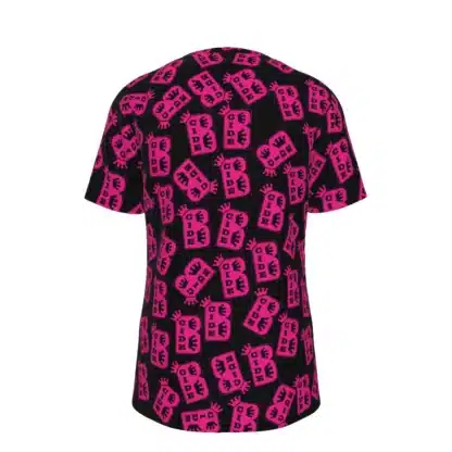 Back view of B-Cide Logo T-Shirt showcasing the all-over print design with the bold B-Cide logo in vivid pink.