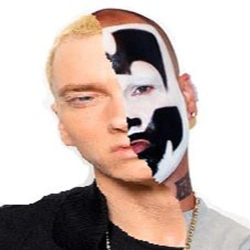 Eminem on one side of the face and shaggy on the other side of the face