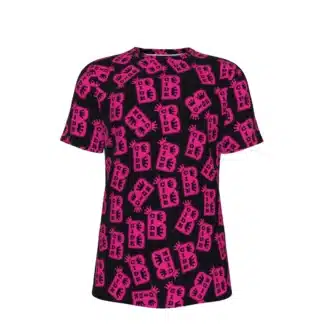 Front view of B-Cide Logo T-Shirt featuring an all-over print design with the iconic B-Cide logo in vivid pink on a black background.