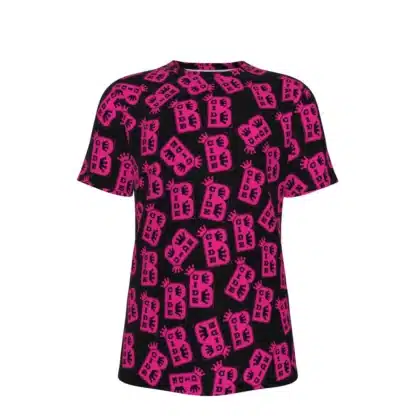 Front view of B-Cide Logo T-Shirt featuring an all-over print design with the iconic B-Cide logo in vivid pink on a black background.