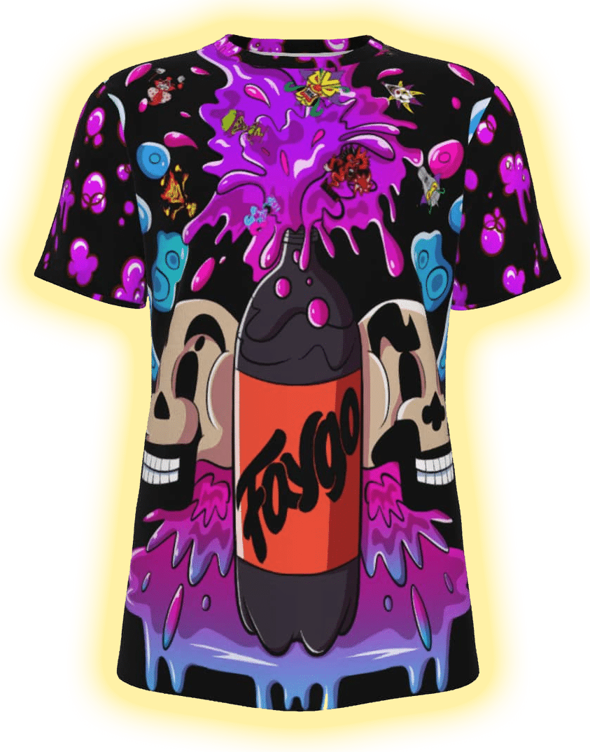 Faygo Rain T-Shirt front view featuring an all-over print design of a Faygo bottle spraying soda, surrounded by ICP skeleton duo and six Joker’s Cards, perfect for ICP streetwear