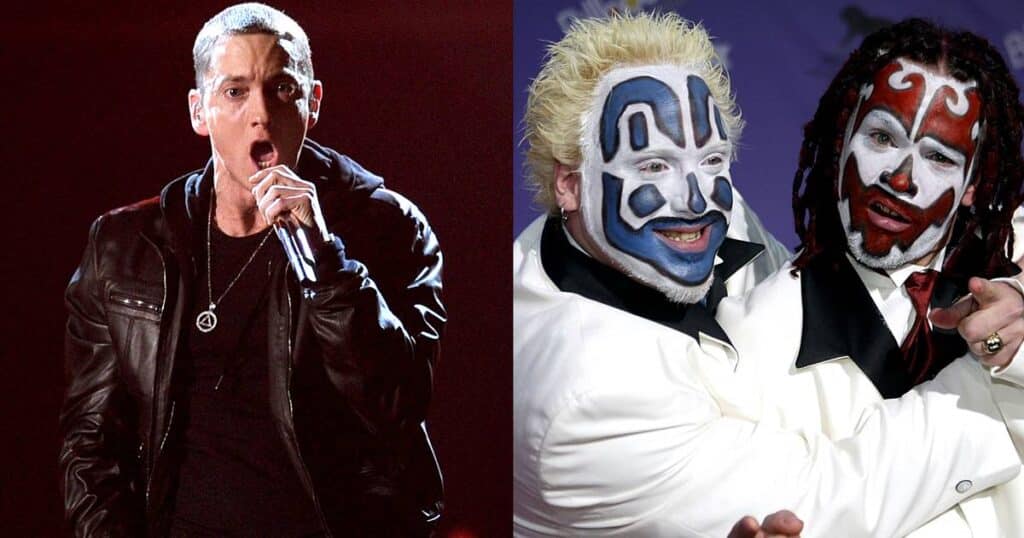 Eminem rapping on one side ICP hugging each other on the other side