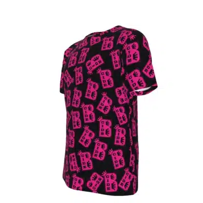 Left side view of B-Cide Logo T-Shirt highlighting the all-over print design and vibrant pink logo placement.