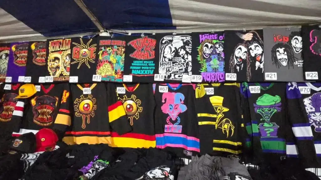 Just one of the tables selling merchandise at the gathering of the juggalos filled with $150.00 jerseys