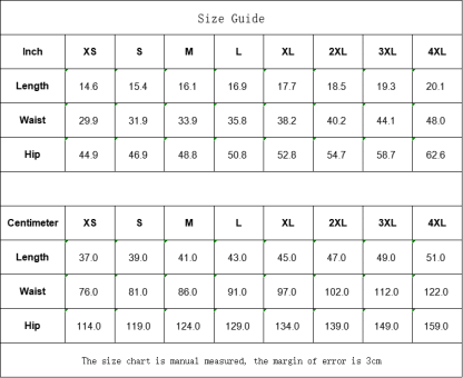 Size guide for Louis 55 shorts with detailed measurements from sizes extra small to 4XL for the perfect fit