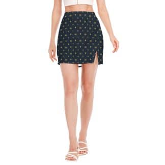 Front view of the 55 Strong Louis 55 mini skirt featuring the striking all-over Louis 55 pattern and fitted style