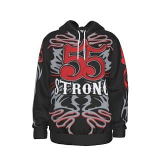 Front view of the 55 Strong Inferno Hoodie featuring a bold flaming design on a black background