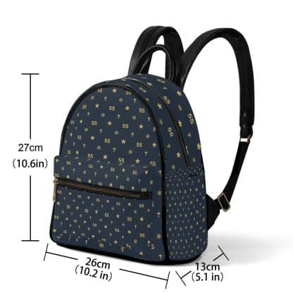 Backpack displayed with a measuring stick to show accurate size and dimensions