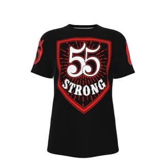 Front view of the 55 Strong Shield T-shirt showcasing the bold shield design on a black background