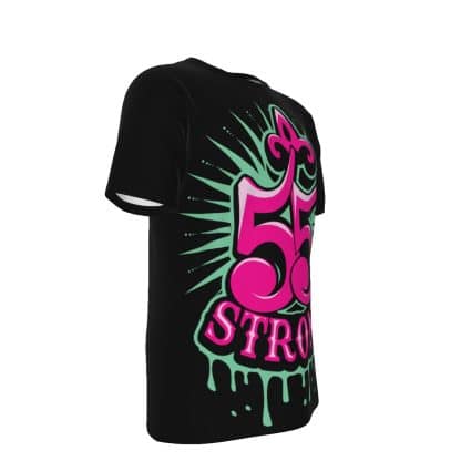Side view of the 55 Strong Drip Royale T-shirt showing the sleeve and detailed print