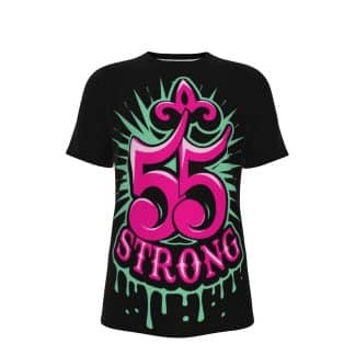 55 Strong Drip Royale T-shirt with neon pink fleur-de-lis and dripping accents on a black background