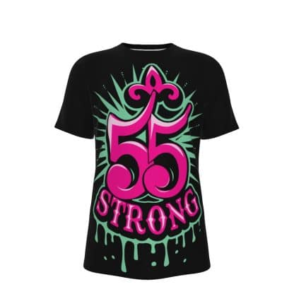 55 Strong Drip Royale T-shirt with neon pink fleur-de-lis and dripping accents on a black background