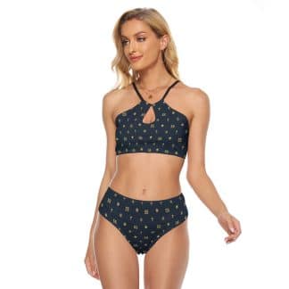 Front view of the Louis 55 Women’s Cami Keyhole One-piece Swimsuit featuring the bold all-over Louis 55 design and stylish keyhole detail