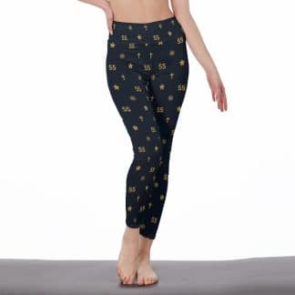 Full-body view of a model wearing the Louis 55 leggings, emphasizing the stylish fit and unique pattern