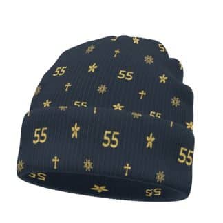 Front view of the Louis 55 beanie featuring the all-over print luxury-inspired design