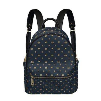 Front view of the backpack featuring a bold and stylish Louis 55 design with spacious compartments