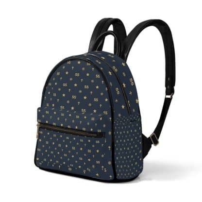 Angled front view of the backpack emphasizing the vibrant Louis 55 pattern and sleek design elements
