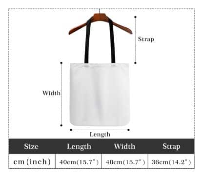 Measurement guide for the tote bag detailing dimensions and capacity for everyday use