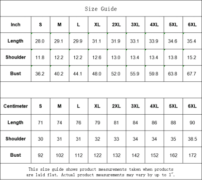 Detailed size guide showing measurements for various clothing sizes, including chest, waist, and length dimensions, to help customers find their perfect fit.