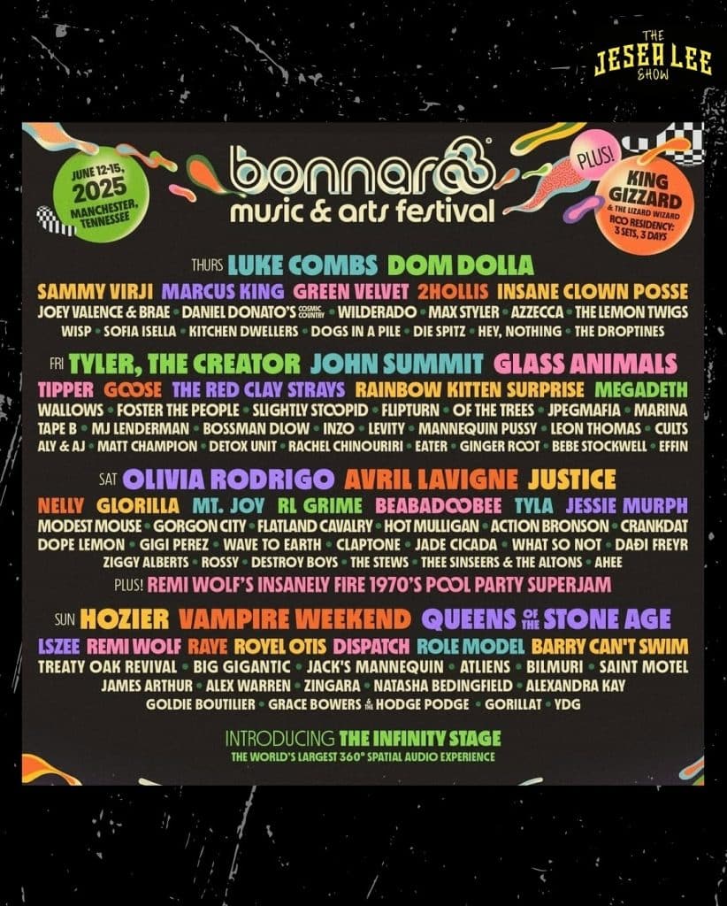 Bonnaroo 2025 lineup poster featuring Insane Clown Posse among other headlining artists.